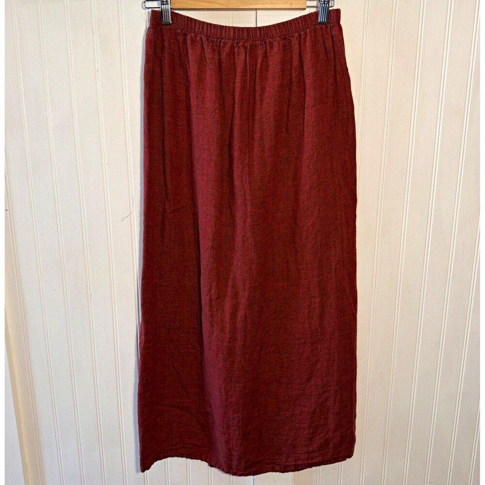 Red 100%Linen Midi Skirt Womens Sz M Pull On Elastic Waist Slit Boho Hippie